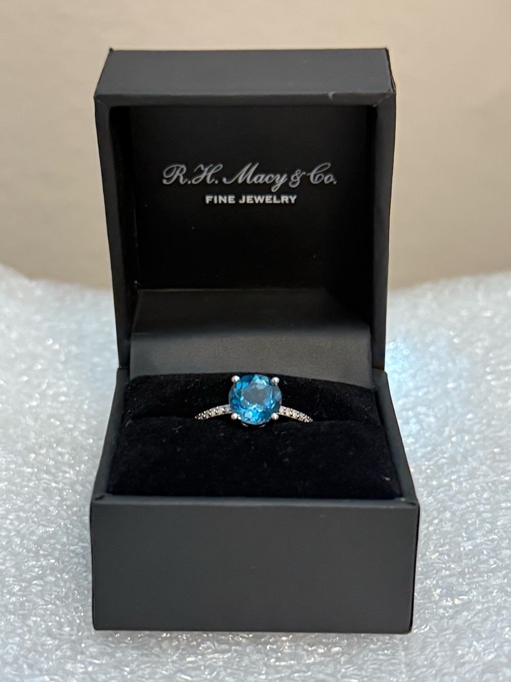Macy's Blue Topaz and Diamond Silver Ring (NIB, size 6)